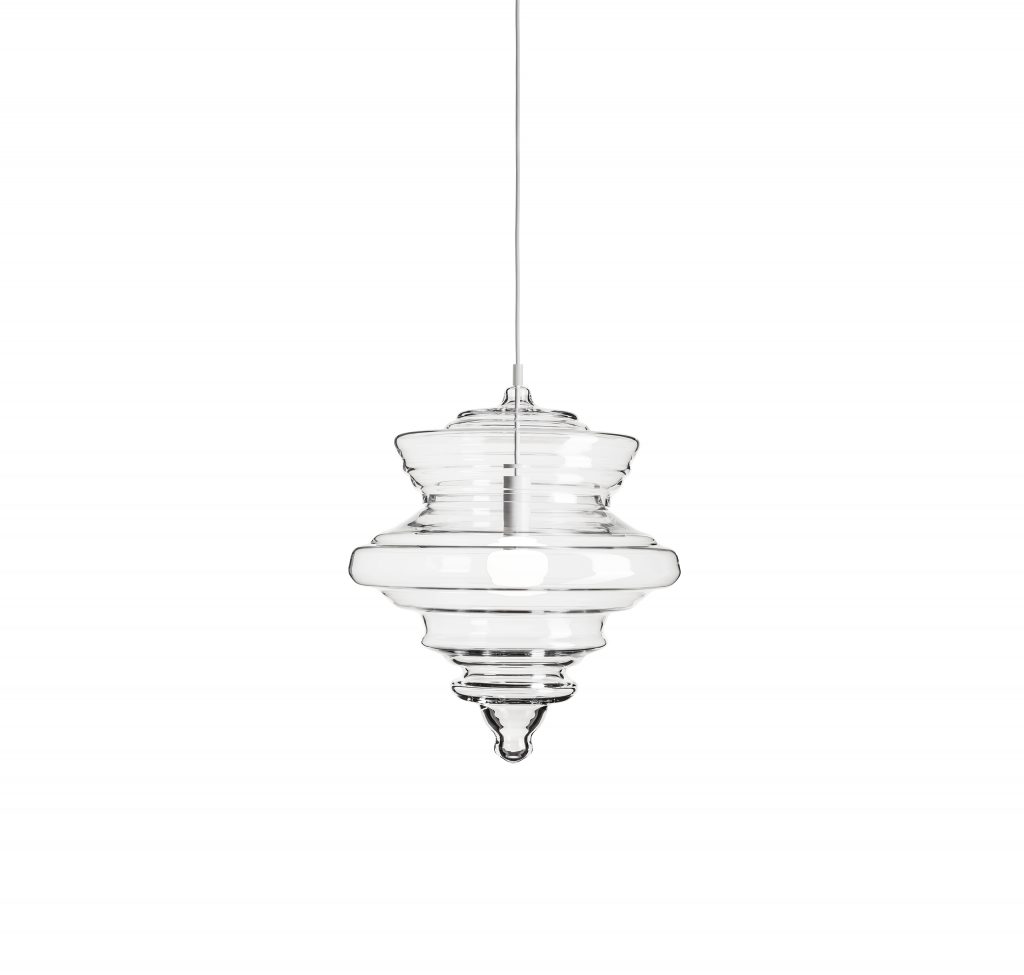 medium ceiling lamp made from blown glass in a transparent color on a white background