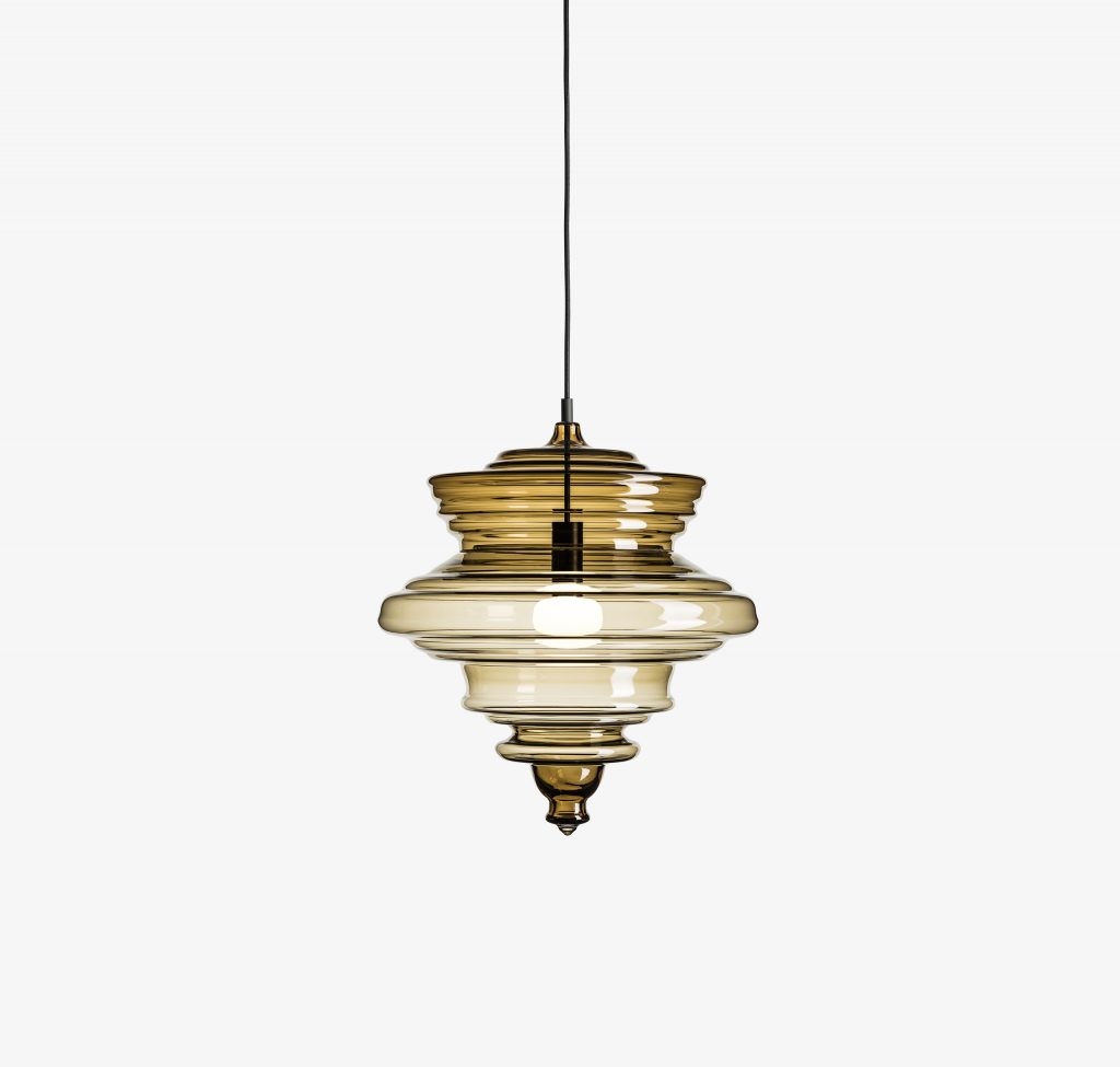 medium ceiling lamp made from blown glass in a coffe and trasparent color on a white background