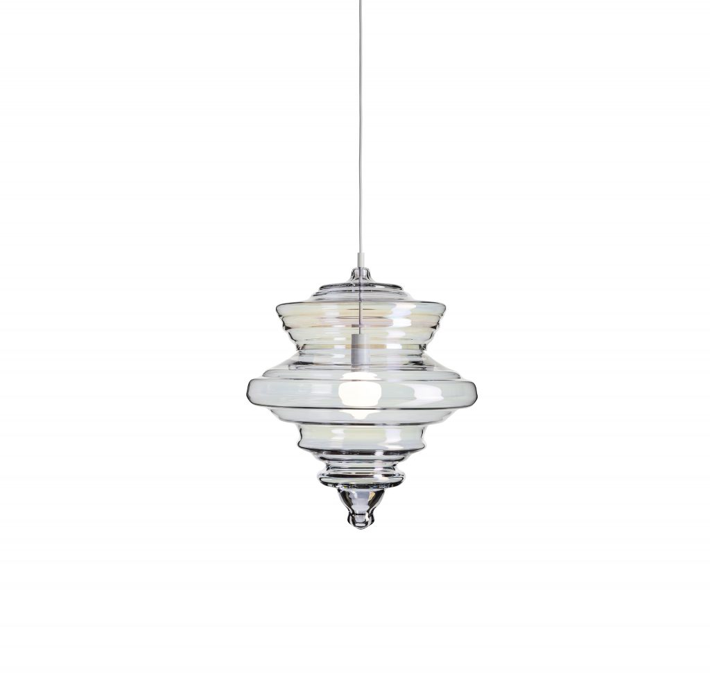 medium ceiling lamp made from blown glass in a transparent color on a white background