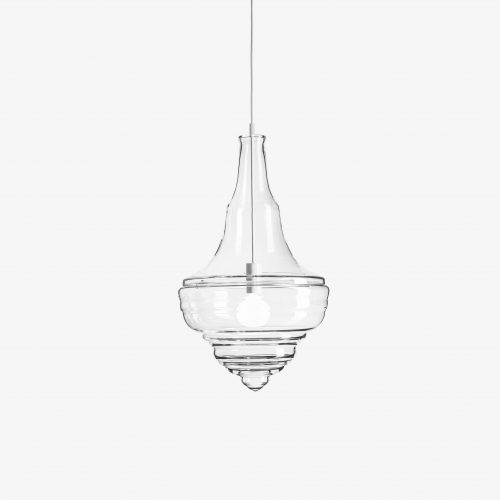 medium lamp made of blown glass molded in the shape of a drop on a white background