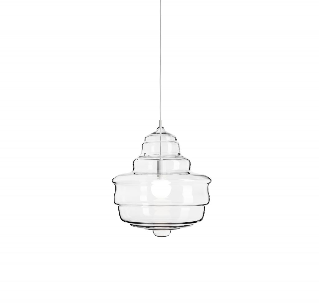 wide lamp made of blown glass molded in the shape of a drop on a white background