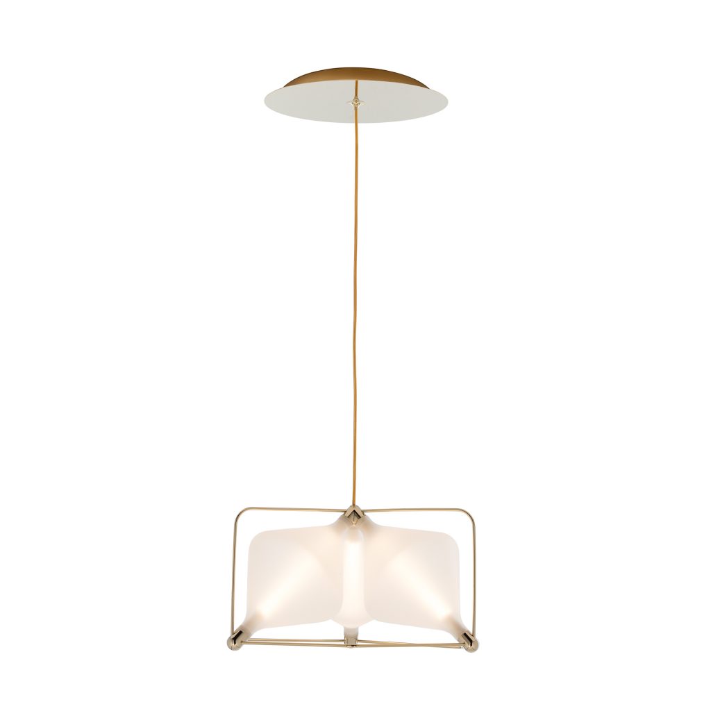 ceiling lamp made of hand-blown bohemian glass and golden geometric structure