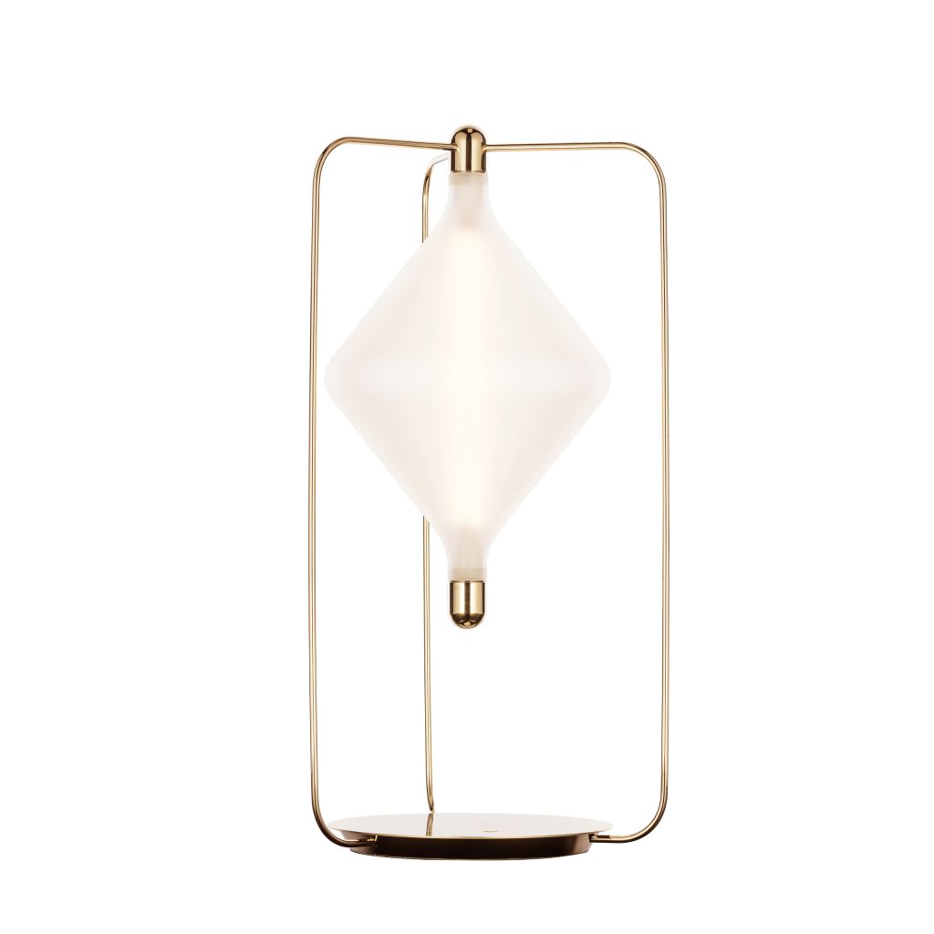 geometric lamp made from acerp and bohemia crystal in a gold tone on a white background