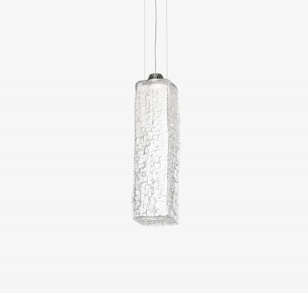small ceiling sculpture made from blown bohemian glass in the shape of a rectangle on a white background