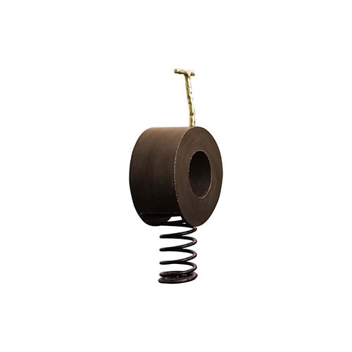sculpture made of a wooden base and a large spring in a brown tone with gold with a circle design on a white background