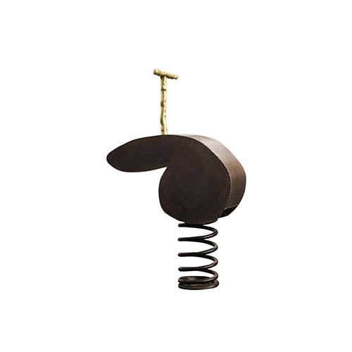 playground sculpture made of wood and a large spring in a brown tone on a white background
