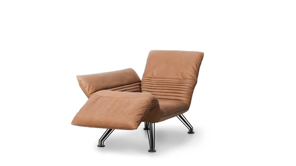 Multifunctional chaise made of aluminum base and upholstered in brick-colored leather on a white background