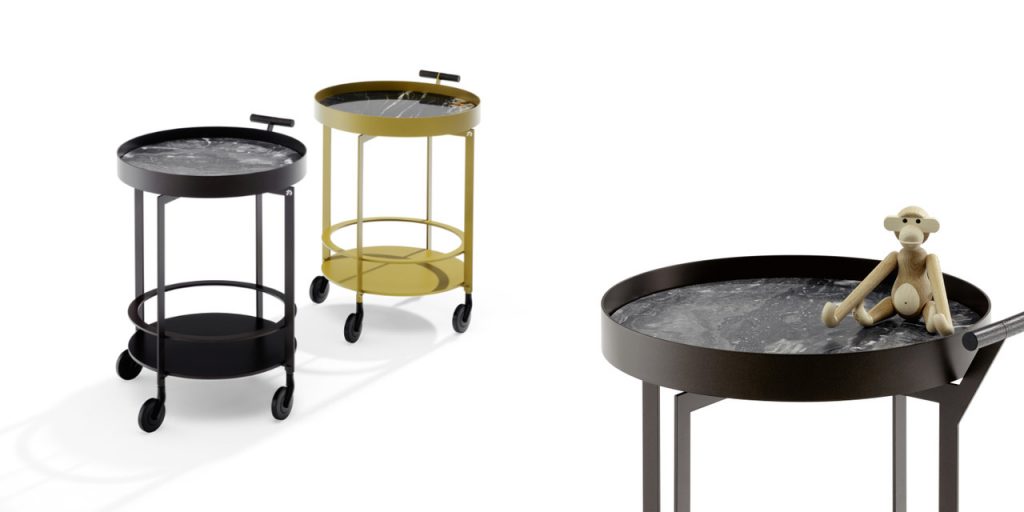 three bar cart made with a metal body and wooden handle in a black, yellow and gray tone