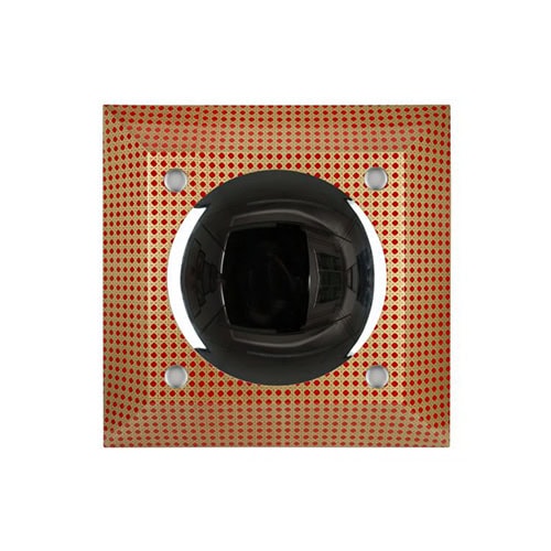 Decorative square mirror featuring a patterned frame and a domed reflective surface, creating depth and a captivating focal point.