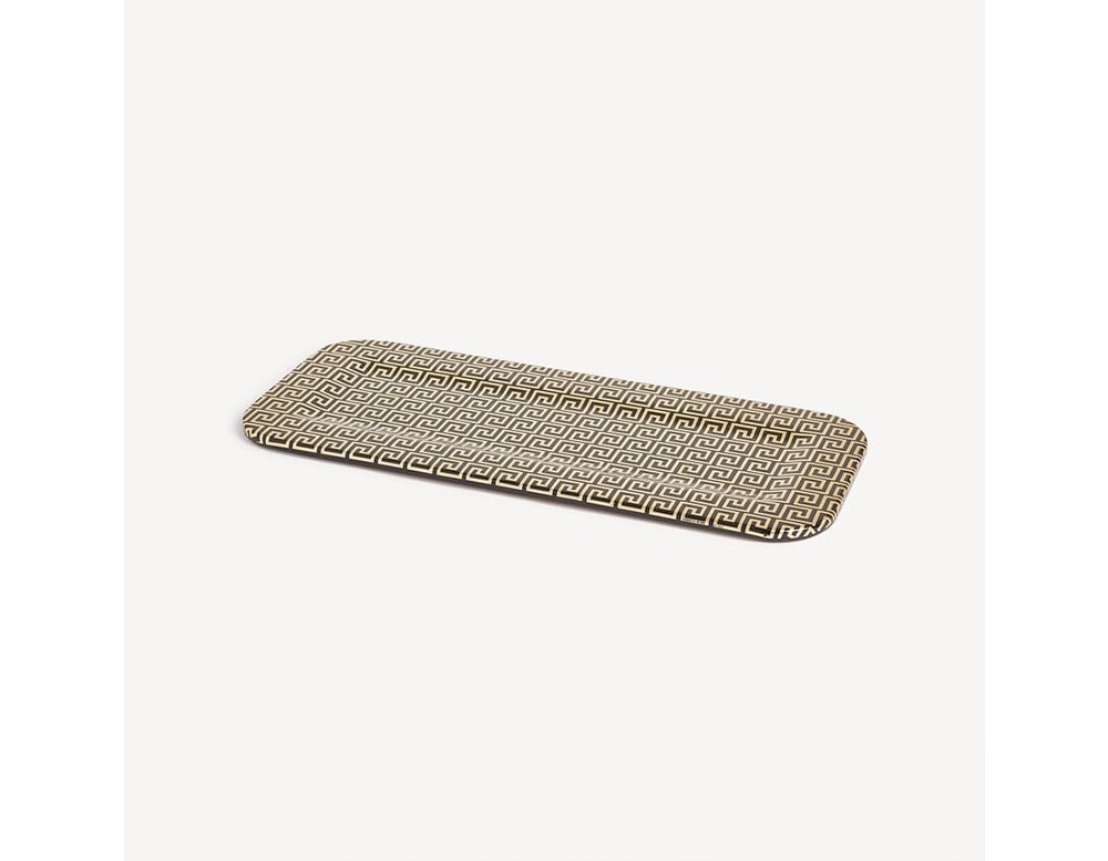 Sophisticated tray with a bold black and gold motif, adding a refined accent to serving or decor arrangements.