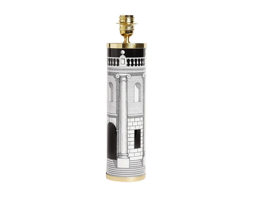Elegant lamp base with cylindrical form and intricate architectural artwork enhanced by golden details, providing a striking and versatile base for lighting designs.
