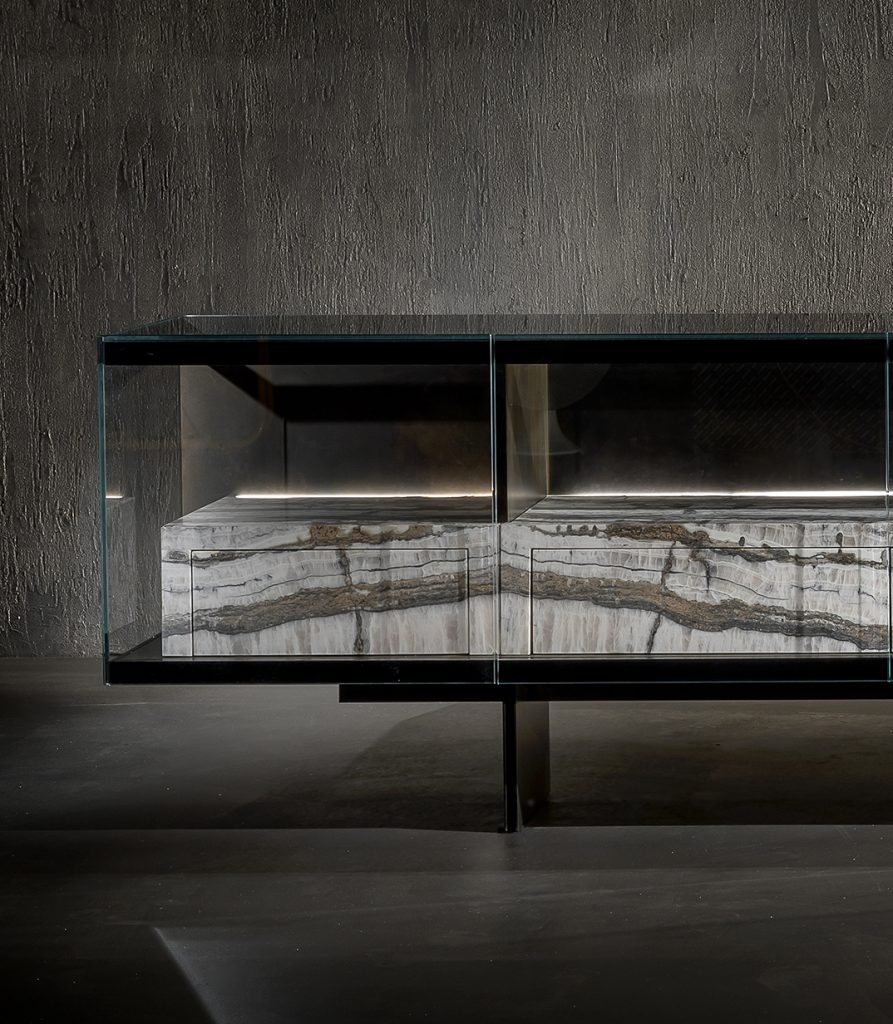 furniture made of brass, stone, glass and metal in a tone of white with beige and black