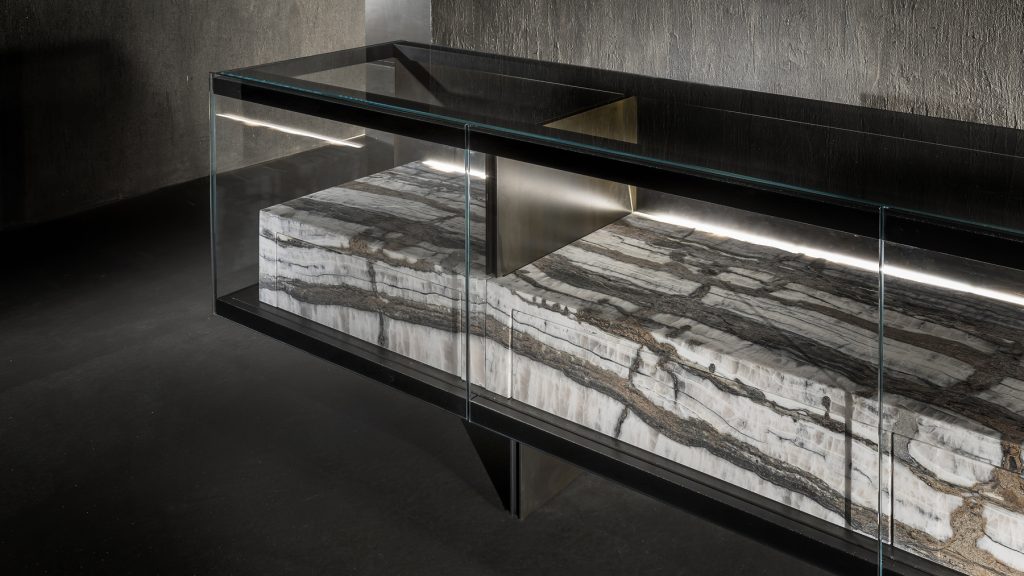 furniture made of brass, stone, glass and metal in a tone of white with beige and black
