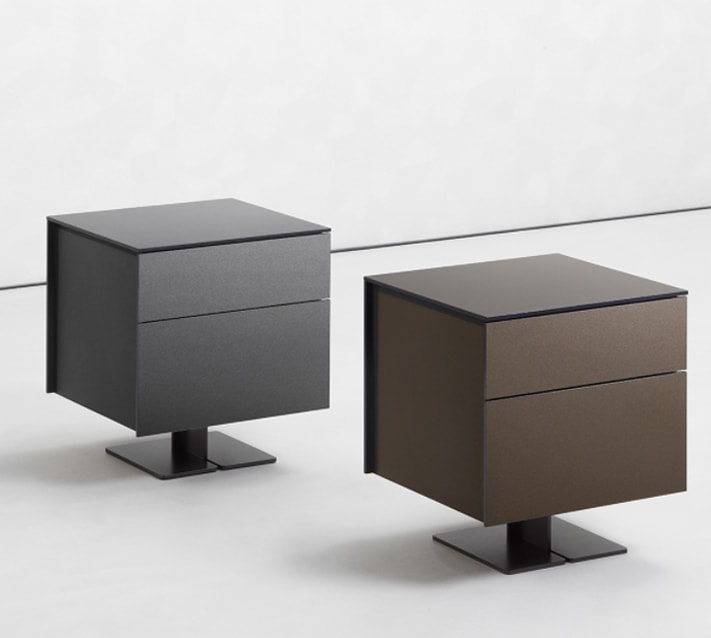 Two nightstand with central curved metal foot and drawers made of lacquered wood in a gray and brown tone