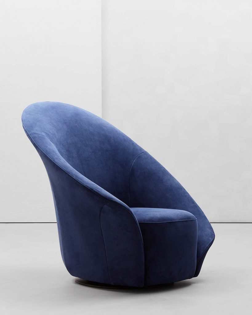360 degree swivel armchair cover made of fabrics and leathers in a blue tone on a white background