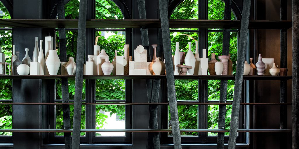 shelves made from oak thermowood, eucalyptus thermowood, black eucalyptus on the outside