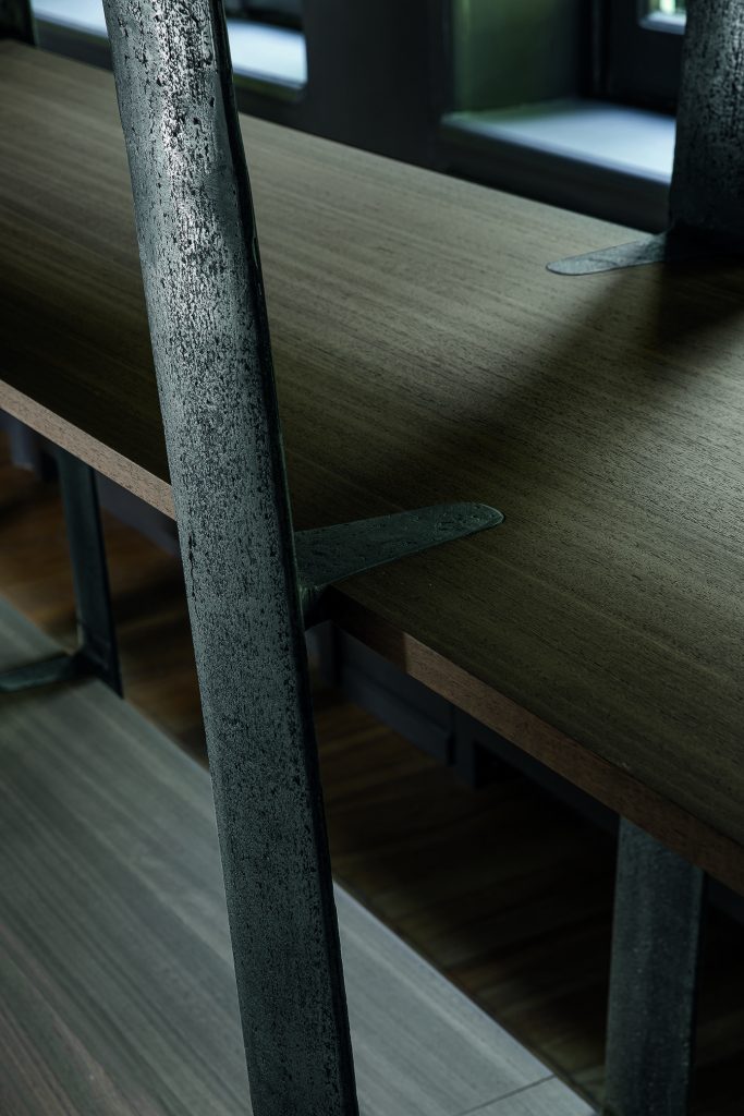 shelves made from oak thermowood, eucalyptus thermowood, black eucalyptus on the outside