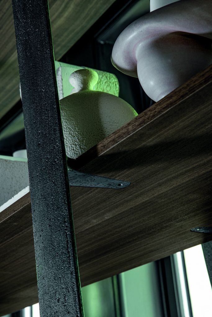 shelves made from oak thermowood, eucalyptus thermowood, black eucalyptus on the outside