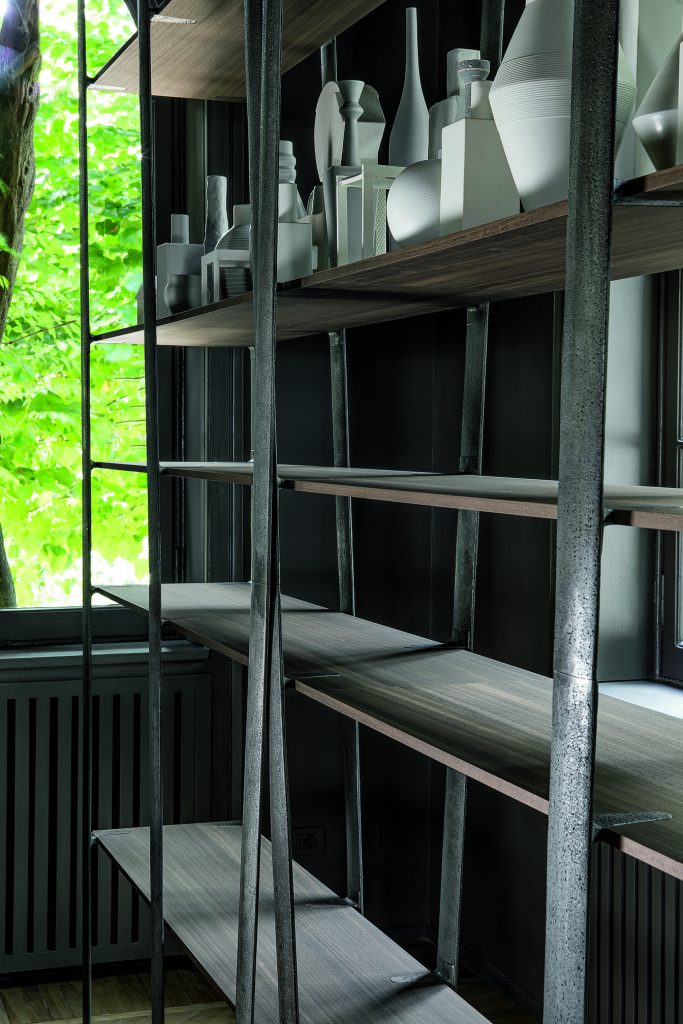 shelves made from oak thermowood, eucalyptus thermowood, black eucalyptus on the outside