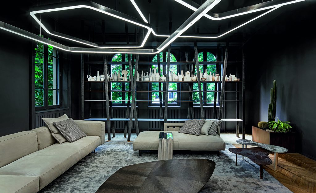 several shelves made of oak thermowood, eucalyptus thermowood, black eucalyptus in a room