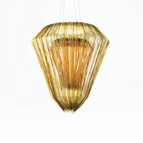 ceiling lamp made in a gold tone in the shape of a diamond with the focus inside on a white background