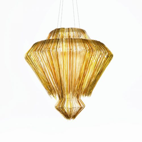 lamp made of several thin vertical strips in a golden color tone on a white background