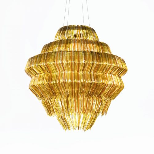 lamp made of several methacrylate threads in a golden tone on a white background