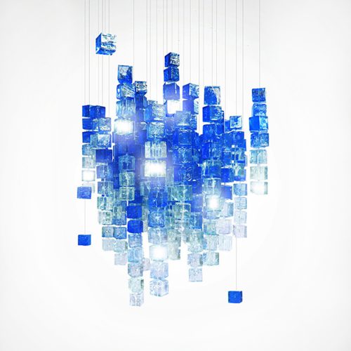chandeliers made of polycarbonate cubes in a tone of blue with white on a white background