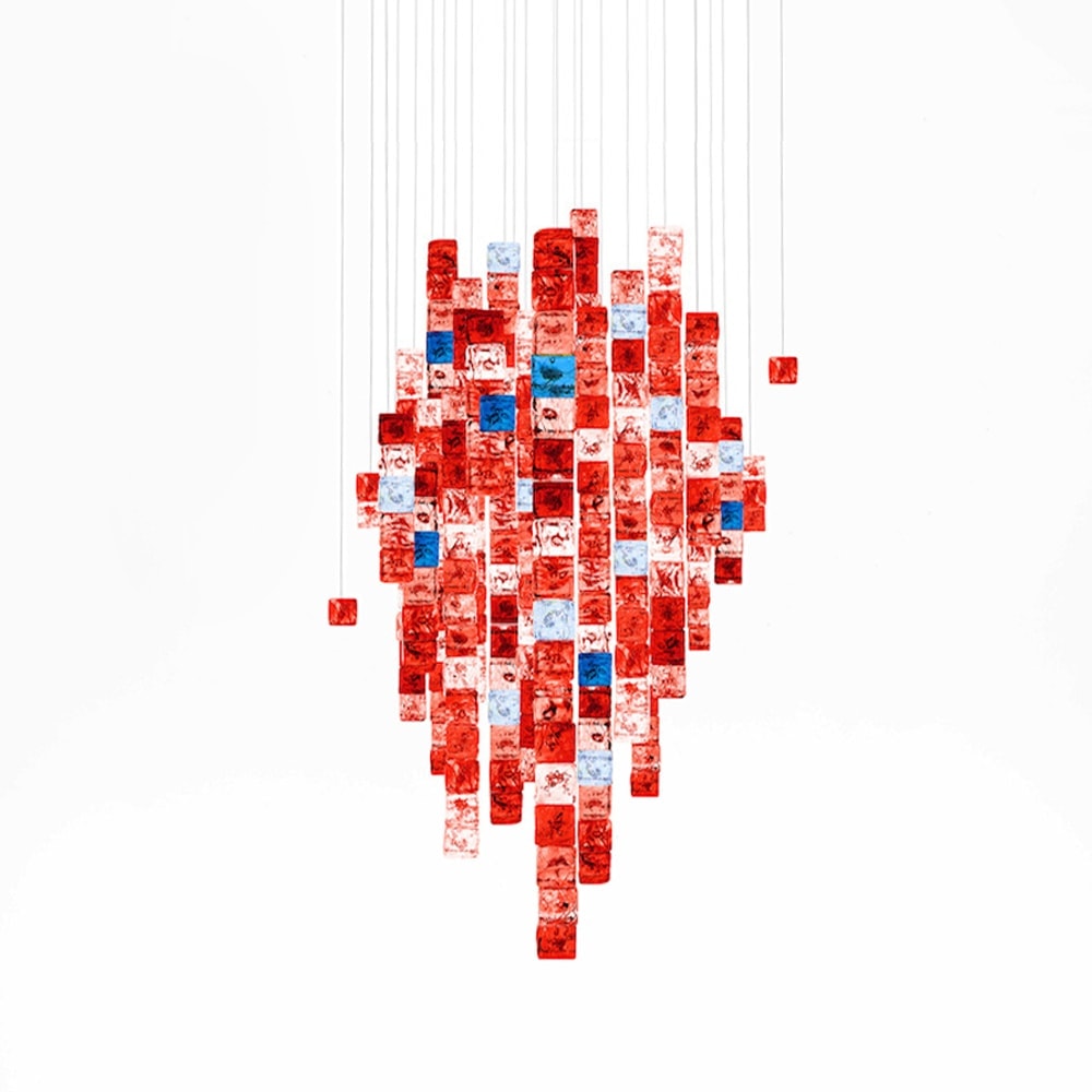 chandeliers made of polycarbonate cubes in a tone of red with white on a white background