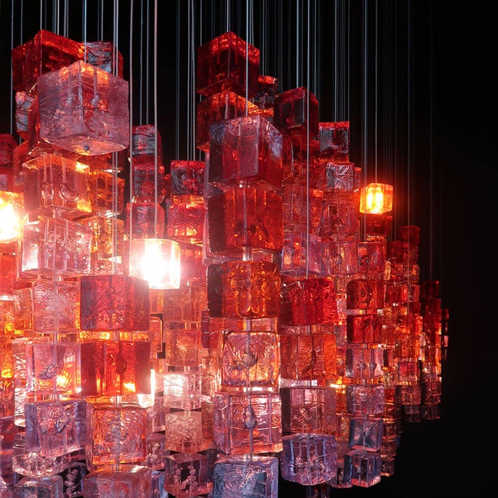 chandeliers made of polycarbonate cubes in a tone of red with white on a white background