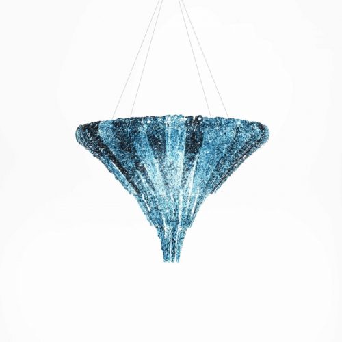 thick and colorful threads of methacrylic glass in the shape of an upside-down pyramid in a light blue and dark blue color tone