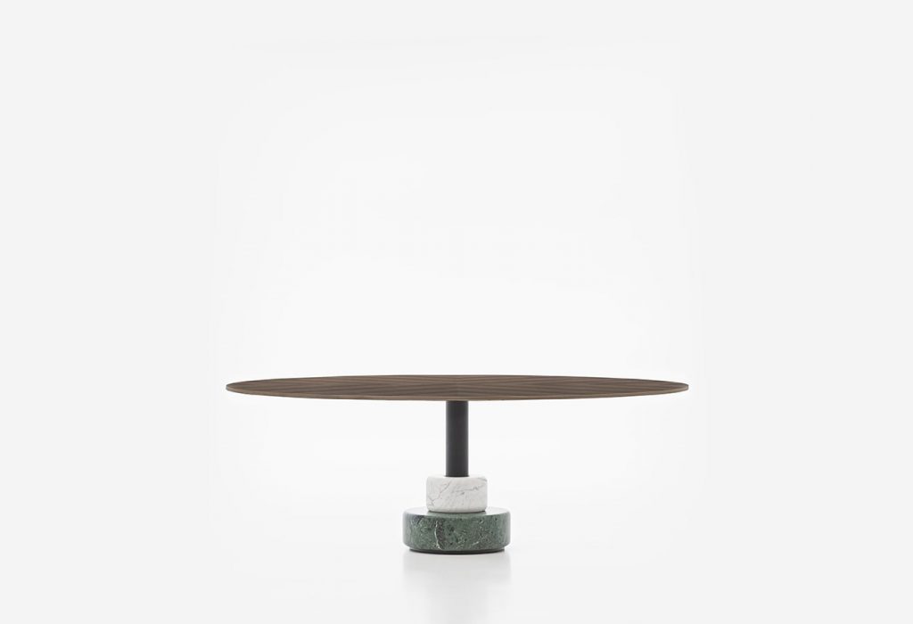 round table made of wood and resting on a marble base in a brown tone on a white background