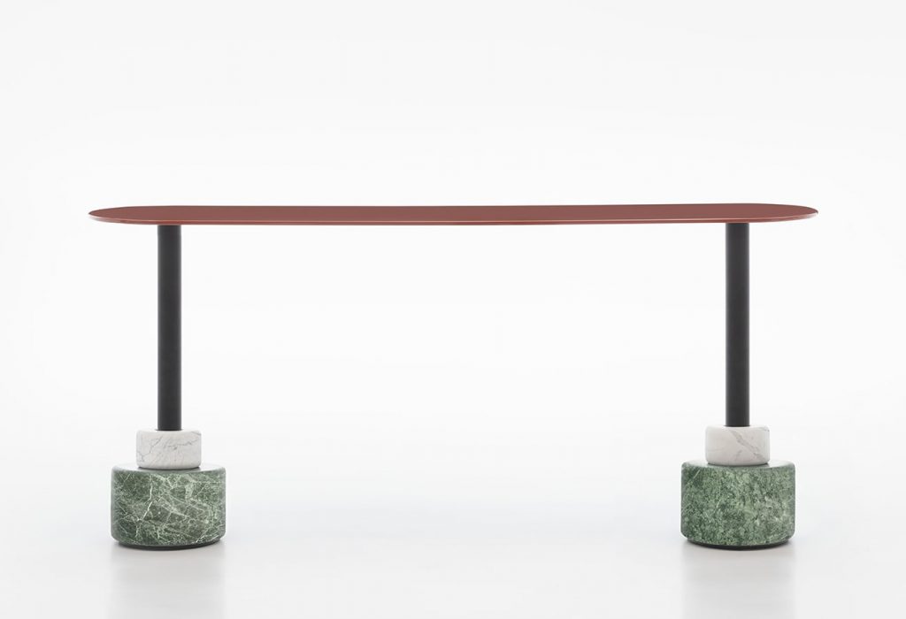 two stone and marble bases in a green and brown tone on a white background