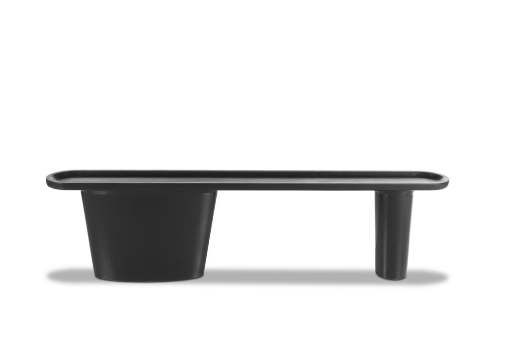 long, thin and fine console made of ash wood in a black color tone on a white background