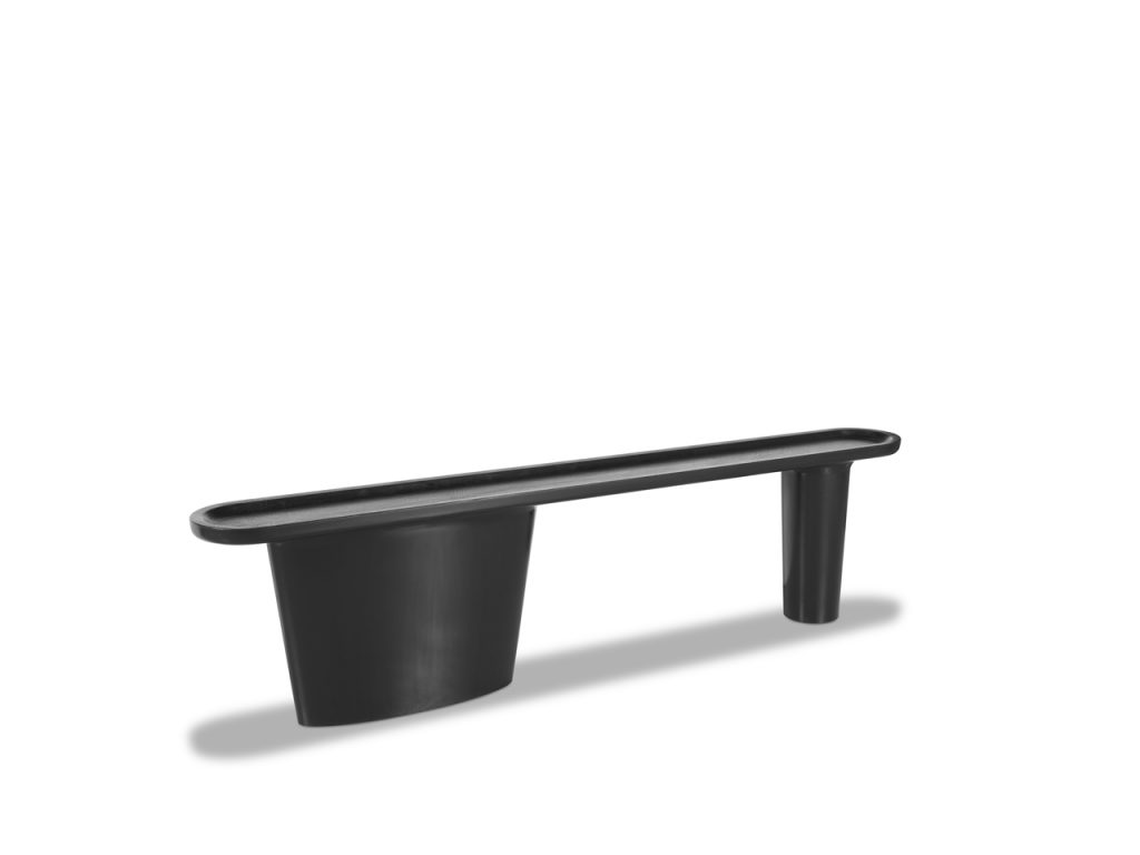 long, thin and fine console made of ash wood in a black color tone on a white background
