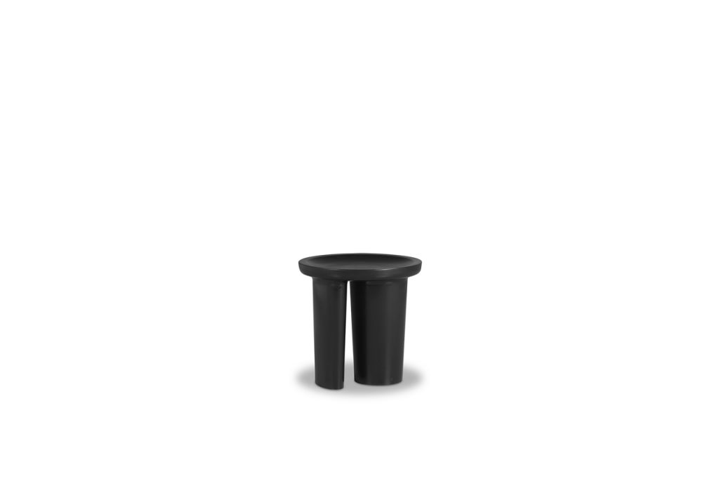 small console on two legs made of black wood in a black color tone on a white background