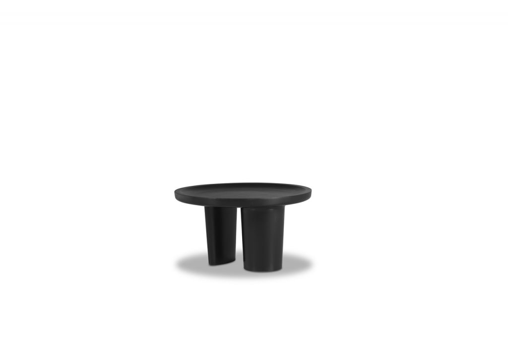 small console on two legs made of black wood in a black color tone on a white background