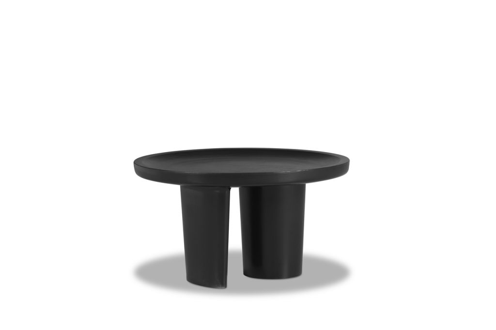 small console on two legs made of black wood in a black color tone on a white background
