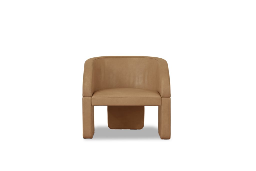 chair made of leather in an orange tone with three legs of supports on a white background