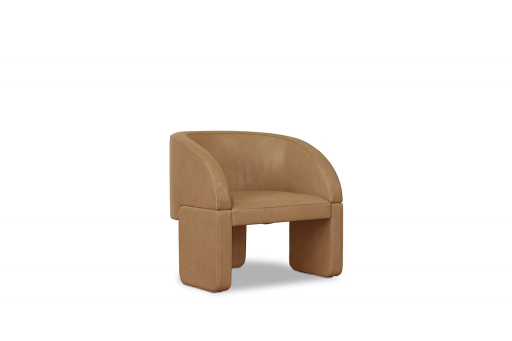 chair made of leather in an orange tone with three legs of supports on a white background
