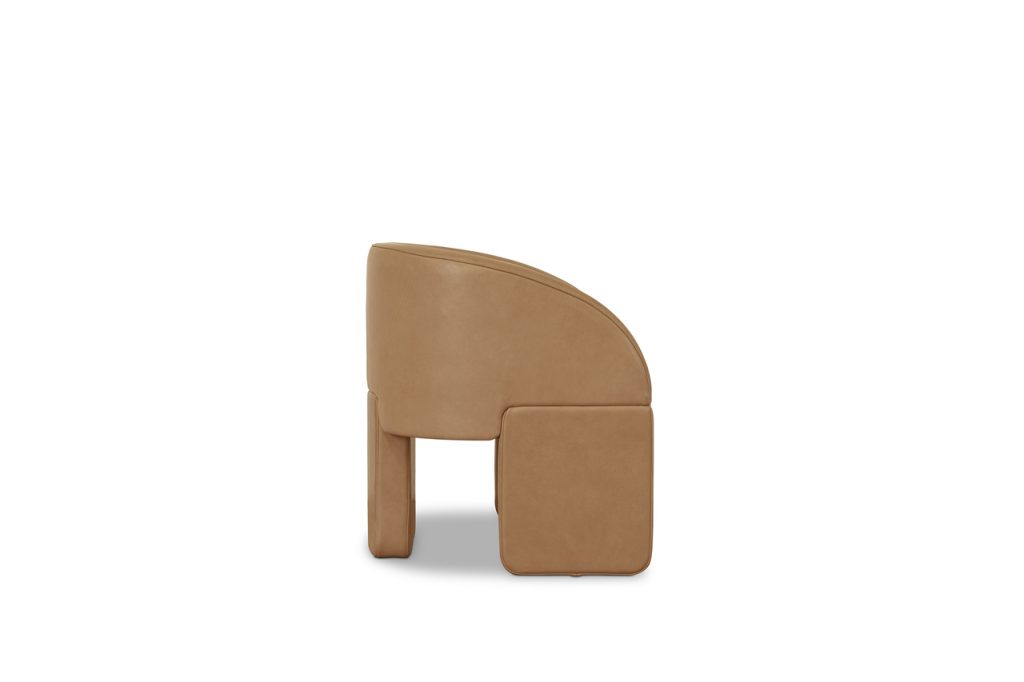 chair made of leather in an orange tone with three legs of supports on a white background