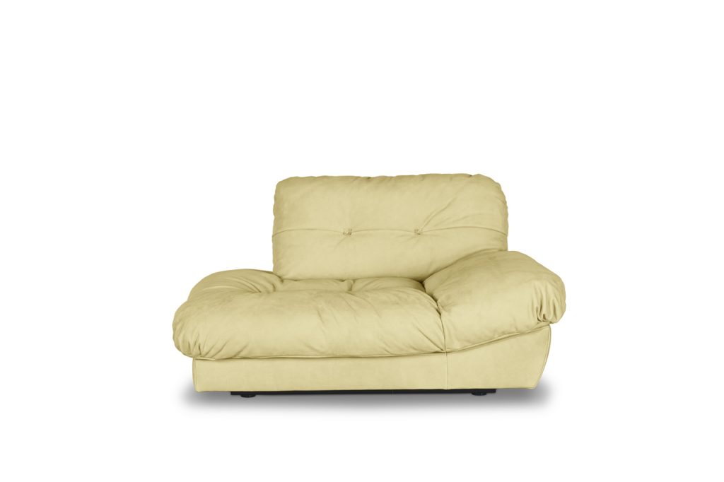padded armchair made of leather in a yellow tone on a white background