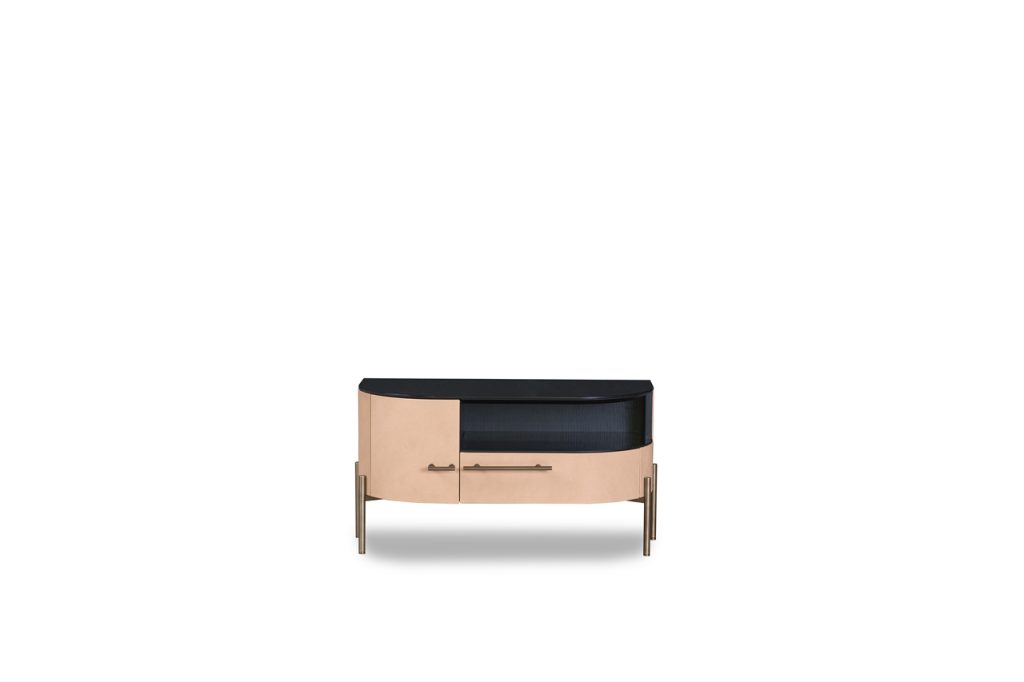 Night table made of glass, wood and aluminum in a black beige and gold tone