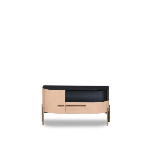 Night table made of glass, wood and aluminum in a black beige and gold tone