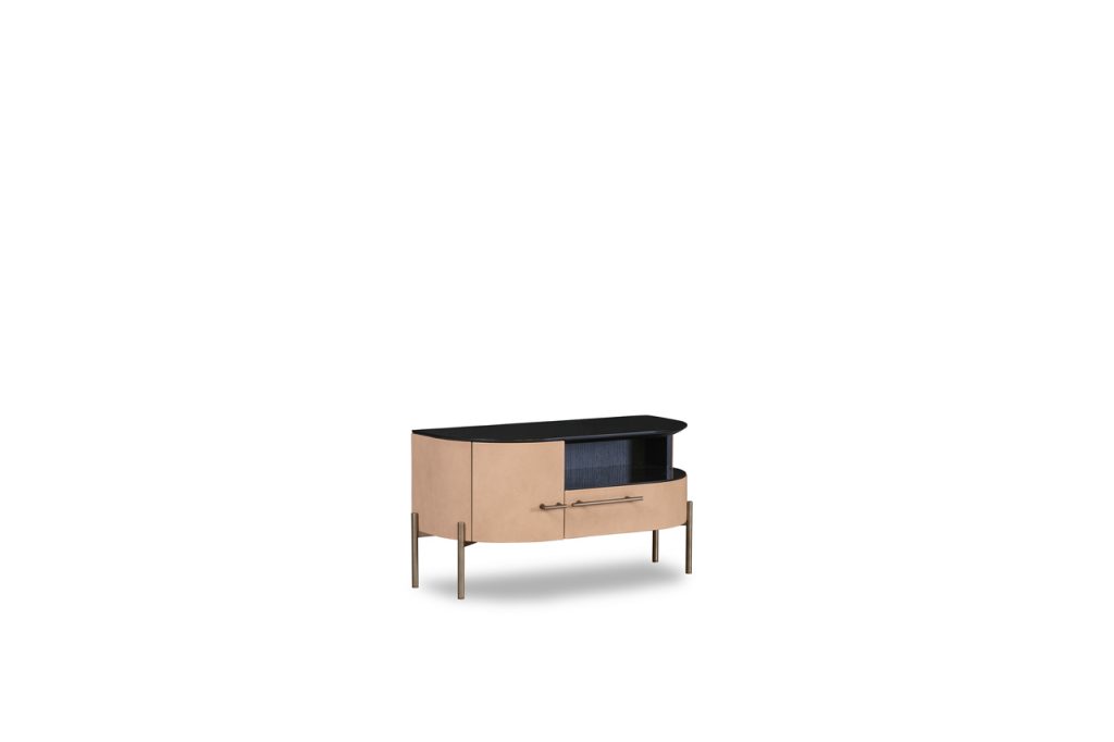 Night table made of glass, wood and aluminum in a black beige and gold tone