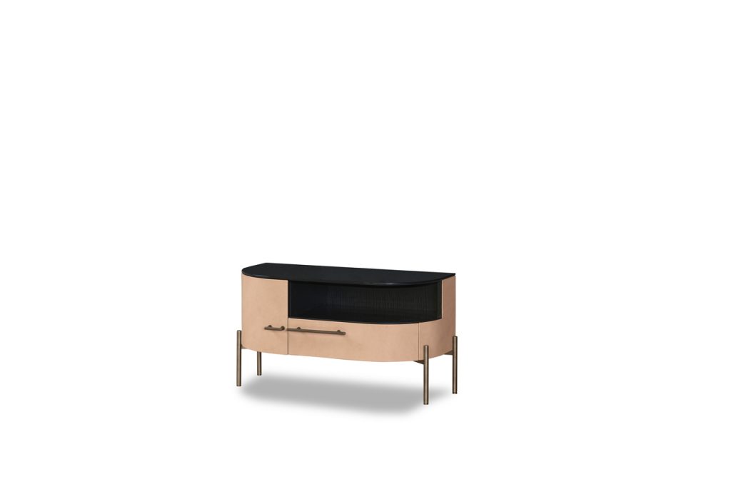 Night table made of glass, wood and aluminum in a black beige and gold tone