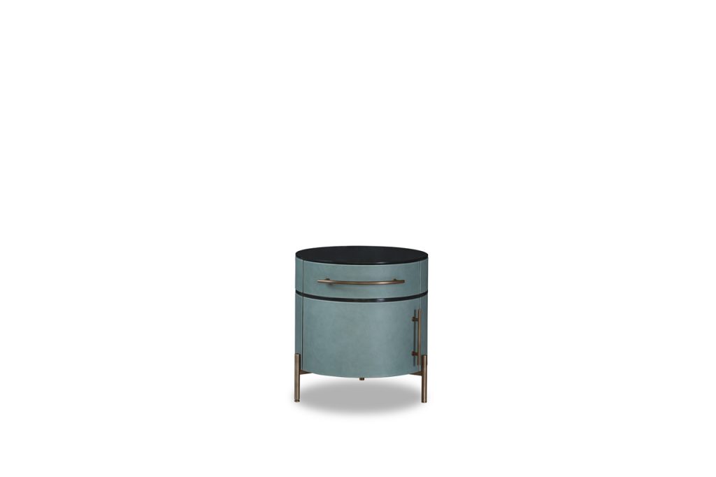 Cylinder-shaped nightstand made of glass, wood and aluminum in a green and gold brown tone