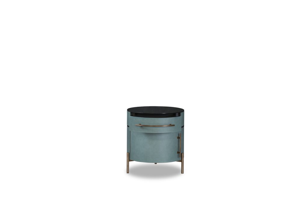 Cylinder-shaped nightstand made of glass, wood and aluminum in a green and gold brown tone