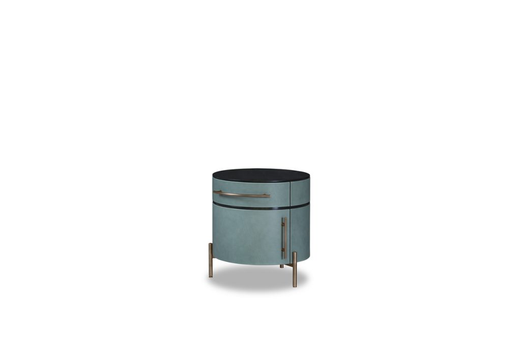 Cylinder-shaped nightstand made of glass, wood and aluminum in a green and gold brown tone