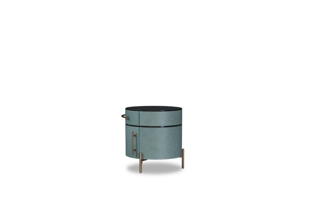 Cylinder-shaped nightstand made of glass, wood and aluminum in a green and gold brown tone